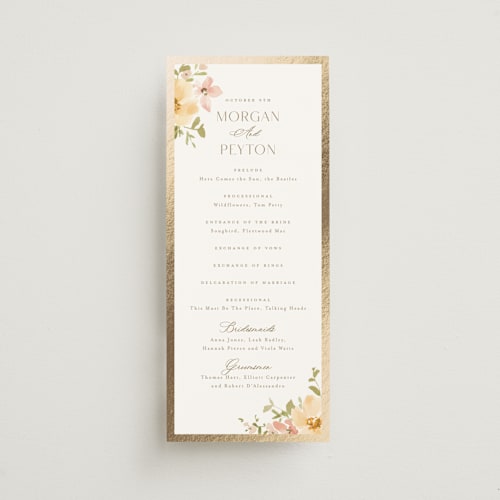 This is a carnation unique wedding programs with foil pressed by Everett Paper Goods called jardin printing on signature in standard