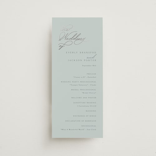 This is a sea & sky unique wedding programs with foil pressed by Kaydi Bishop called eternal printing on signature in 4x9