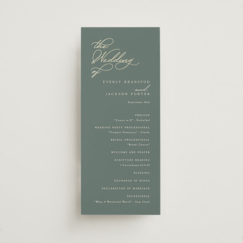 This is a moss unique wedding programs with foil pressed by Kaydi Bishop called eternal printing on signature in 4x9