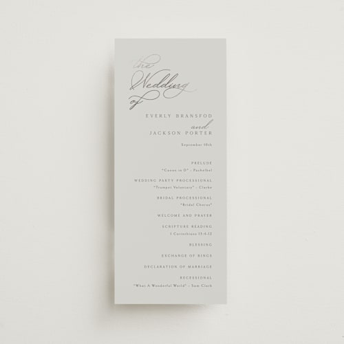 This is a stone unique wedding programs with foil pressed by Kaydi Bishop called eternal printing on signature in 4x9