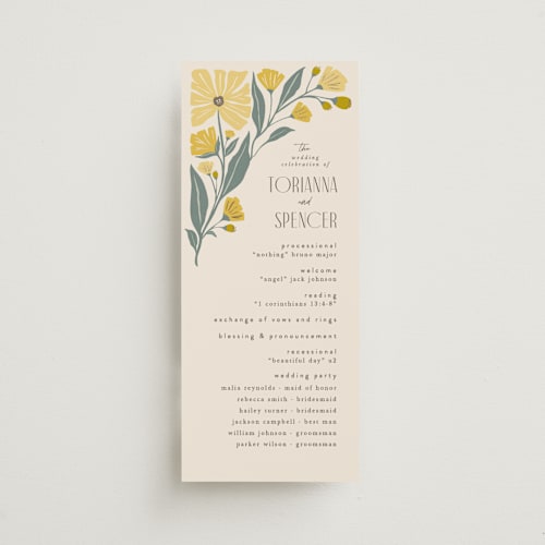 This is a buttercup unique wedding programs with foil pressed by Karidy Walker called storybook garden printing on signature in standard