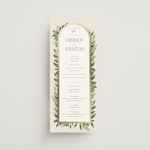 This is a champagne unique wedding programs with foil pressed by Leah Bisch called bliss printing on signature in standard