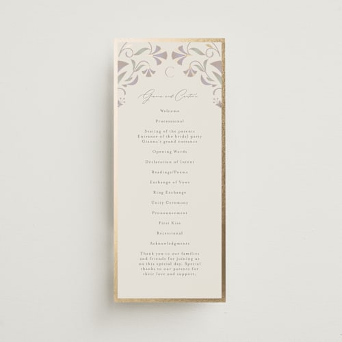 This is a vanilla unique wedding programs with foil pressed by Lori Wemple called deco nouveau printing on signature in standard