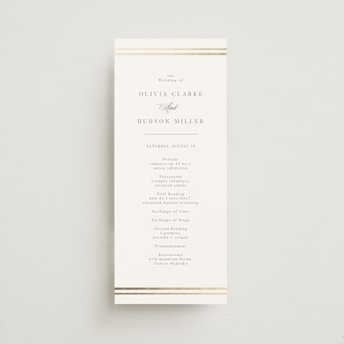 This is a pearl unique wedding programs with foil pressed by Nicole Walsh called classic elegance printing on signature in 4x9