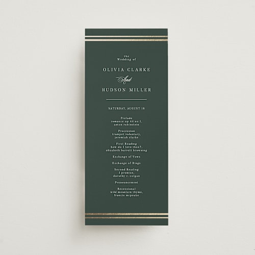 This is a forest unique wedding programs with foil pressed by Nicole Walsh called classic elegance printing on signature in 4x9