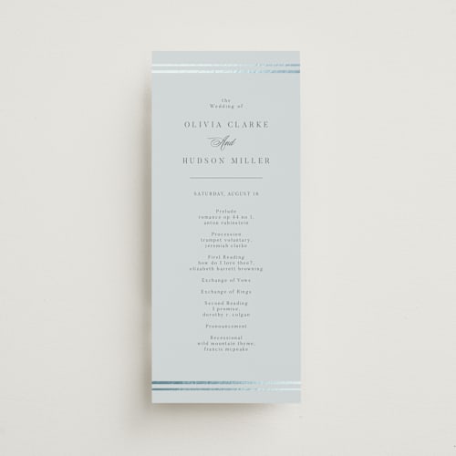 This is a sky unique wedding programs with foil pressed by Nicole Walsh called classic elegance printing on signature in 4x9