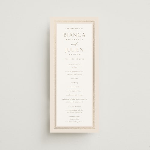 This is a latte unique wedding programs with foil pressed by Kristie Kern called soleil printing on signature in standard