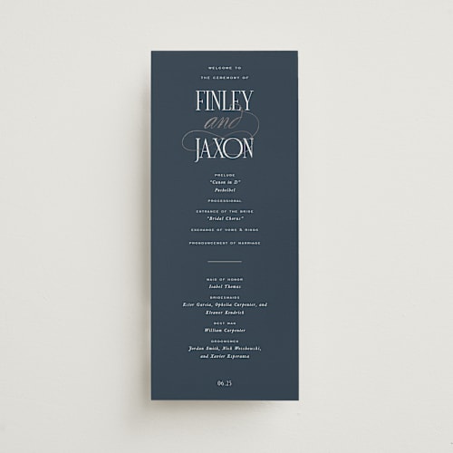 This is a navy unique wedding programs with foil pressed by Leah Bisch called unite printing on signature in 4x9