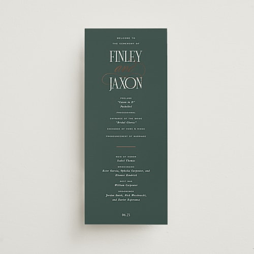 This is a emerald unique wedding programs with foil pressed by Leah Bisch called unite printing on signature in 4x9