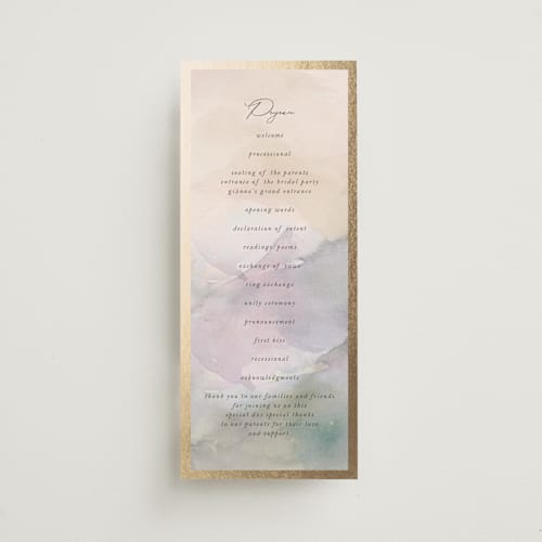 This is a latte unique wedding programs with foil pressed by Lori Wemple called mountain printing on signature in standard