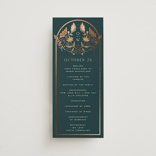 This is a deep sea unique wedding programs with foil pressed by Erin German called autumnal arch printing on signature in standard