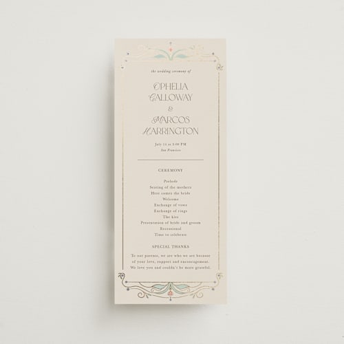 This is a ivory unique wedding programs with foil pressed by Maria Hilas-Louie called ornate elegance printing on signature in 4x9