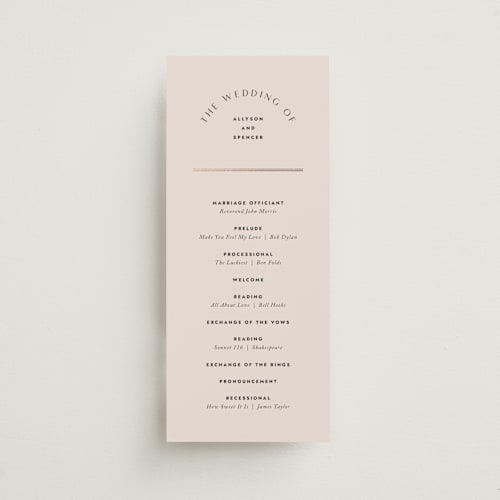 This is a blush unique wedding programs with foil pressed by Kindred Fields called deco band printing on signature in standard