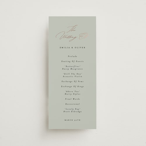 This is a sage unique wedding programs with foil pressed by Angela Thompson called gilded script printing on signature in standard