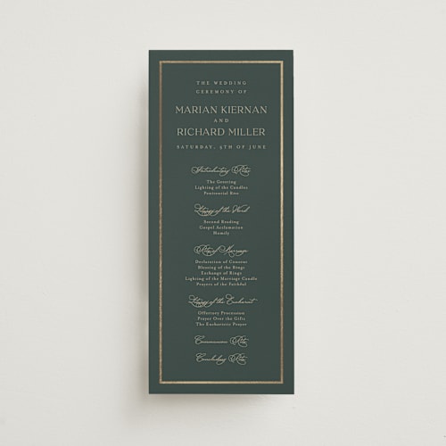 This is a jade unique wedding programs with foil pressed by Lucrecia Caporale called timeless charm printing on signature in 4x9