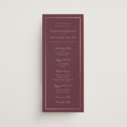 This is a cabernet unique wedding programs with foil pressed by Lucrecia Caporale called timeless charm printing on signature in 4x9