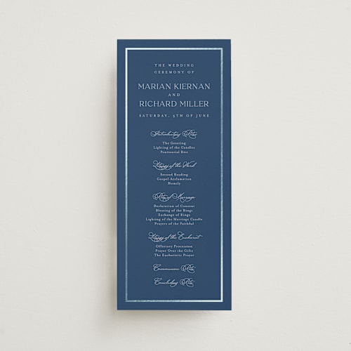 This is a deep sea unique wedding programs with foil pressed by Lucrecia Caporale called timeless charm printing on signature in 4x9