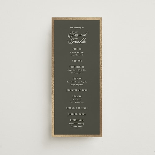 This is a graphite unique wedding programs with foil pressed by Everett Paper Goods called hillside printing on signature in standard