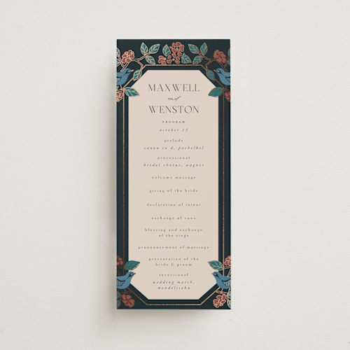 This is a onyx unique wedding programs with foil pressed by Ana de Sousa called wedding birds printing on signature in standard
