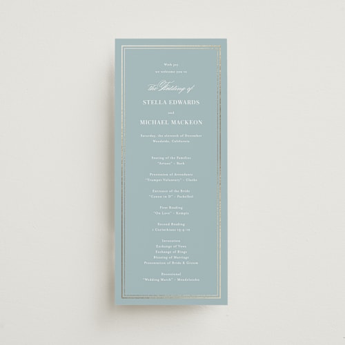 This is a powder blue unique wedding programs with foil pressed by Jennifer Postorino called polished printing on signature in standard