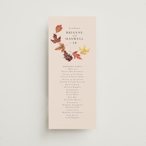 This is a autumn unique wedding programs with foil pressed by Itsy Belle Studio called autumn leafs printing on signature in standard