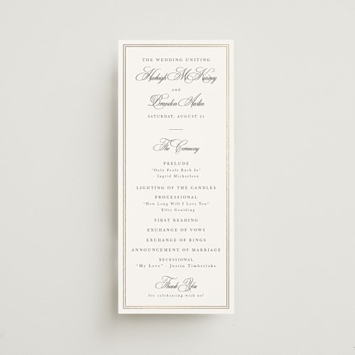 This is a snow unique wedding programs with foil pressed by Sarah Brown called traditionalist printing on signature in standard