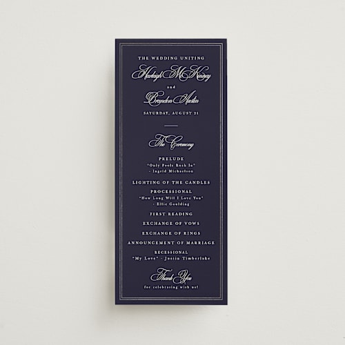 This is a navy unique wedding programs with foil pressed by Sarah Brown called traditionalist printing on signature in 4x9
