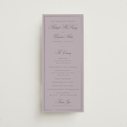 This is a lilac unique wedding programs with foil pressed by Sarah Brown called traditionalist printing on signature in standard