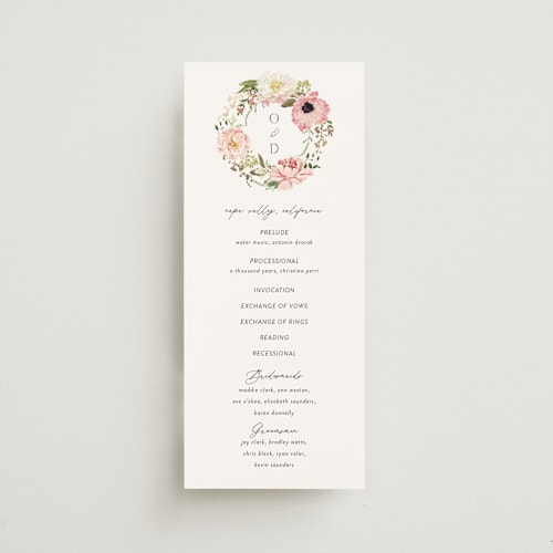 This is a peony unique wedding programs with foil pressed by Susan Moyal called timeless blooms printing on signature in standard