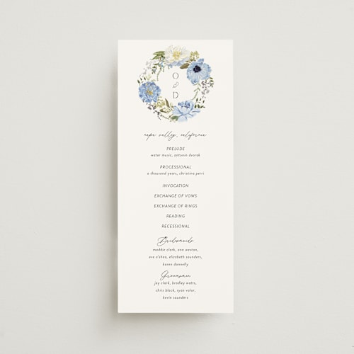 This is a azure unique wedding programs with foil pressed by Susan Moyal called timeless blooms printing on signature in standard