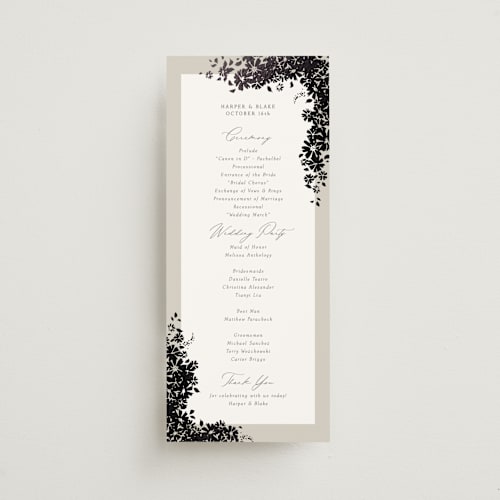 This is a smoke unique wedding programs with foil pressed by Robert and Stella called bouquet toss printing on signature in 4x9