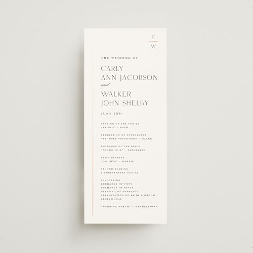 This is a cotton unique wedding programs with foil pressed by Stacey Meacham called understated elegance printing on signature in standard
