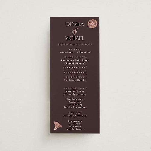 This is a cognac unique wedding programs with foil pressed by Hudson meet Rose called nouveau printing on signature in 4x9