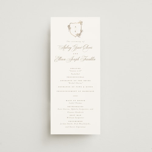 This is a pearl unique wedding programs with foil pressed by Leah Bisch called monogram in leaves printing on signature in standard