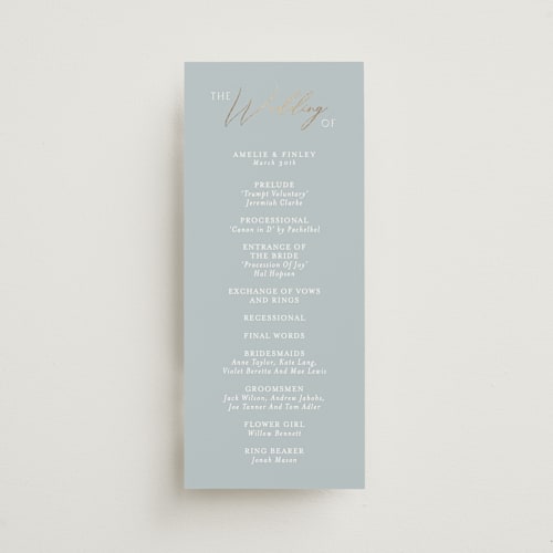 This is a dusty blue unique wedding programs with foil pressed by Angela Thompson called delicacy printing on signature in standard