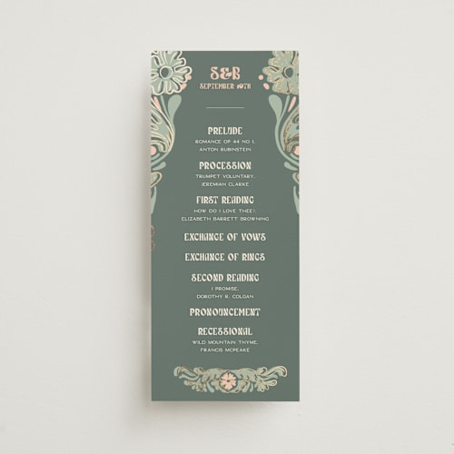 This is a sage unique wedding programs with foil pressed by GeekInk Design called nouveau frame printing on signature in standard