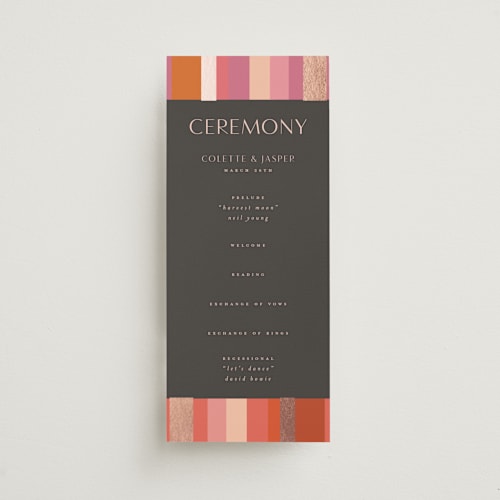 This is a fruit punch unique wedding programs with foil pressed by Morgan Kendall called patchwork border printing on signature in standard