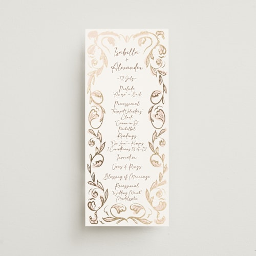 This is a blush unique wedding programs with foil pressed by Ani Somi called bella bellissima printing on signature in standard