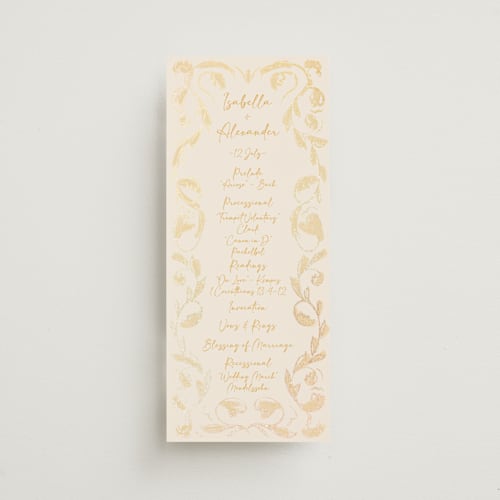 This is a sunshine unique wedding programs with foil pressed by Ani Somi called bella bellissima printing on signature in 4x9