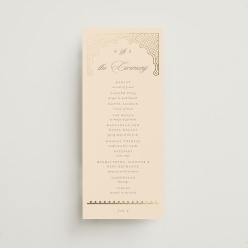 This is a carnation unique wedding programs with foil pressed by Creo Study called mandapam printing on signature in standard