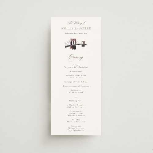 This is a chiffon unique wedding programs with foil pressed by Cass Loh called brooklyn bridge printing on signature in standard
