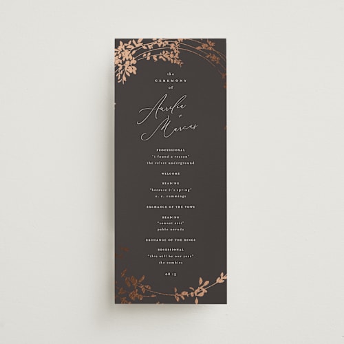 This is a cocoa unique wedding programs with foil pressed by Leah Bisch called bliss printing on signature in standard