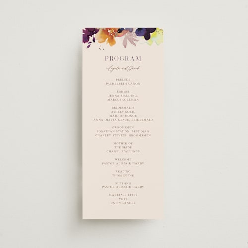 This is a cream unique wedding programs with foil pressed by Lori Wemple called bouquet printing on signature in standard