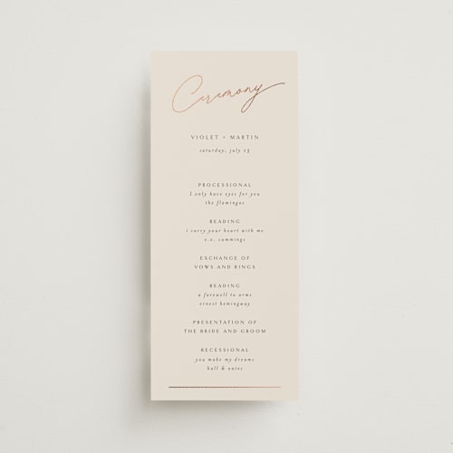 This is a taupe unique wedding programs with foil pressed by Kelly Schmidt called encircled love printing on signature in 4x9