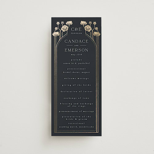 This is a navy unique wedding programs with foil pressed by Ana de Sousa called nouveau flowers printing on signature in standard
