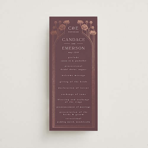 This is a plum unique wedding programs with foil pressed by Ana de Sousa called nouveau flowers printing on signature in standard
