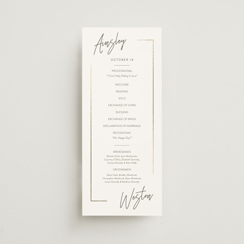 This is a milk white unique wedding programs with foil pressed by Robin Ott called balanced printing on signature in 4x9