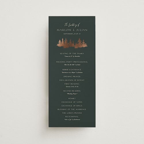This is a thicket unique wedding programs with foil pressed by Robin Ott called vista printing on signature in 4x9