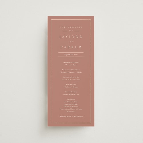 This is a dusty rose unique wedding programs with foil pressed by Stacey Meacham called warm affection printing on signature in standard