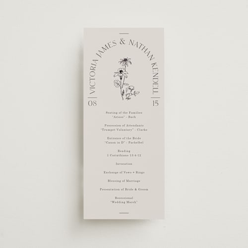 This is a linen unique wedding programs with foil pressed by Baumbirdy called floral type arch printing on signature in 4x9